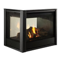 Majestic Black End Panel Firescreen Front for 36" Multi-Sided Pier Fireplace (MSEP-36-BK) - Pier/three-sided fireplace shown at angle, product-only white background, with black metal end-panel + front mesh screen and log set installed