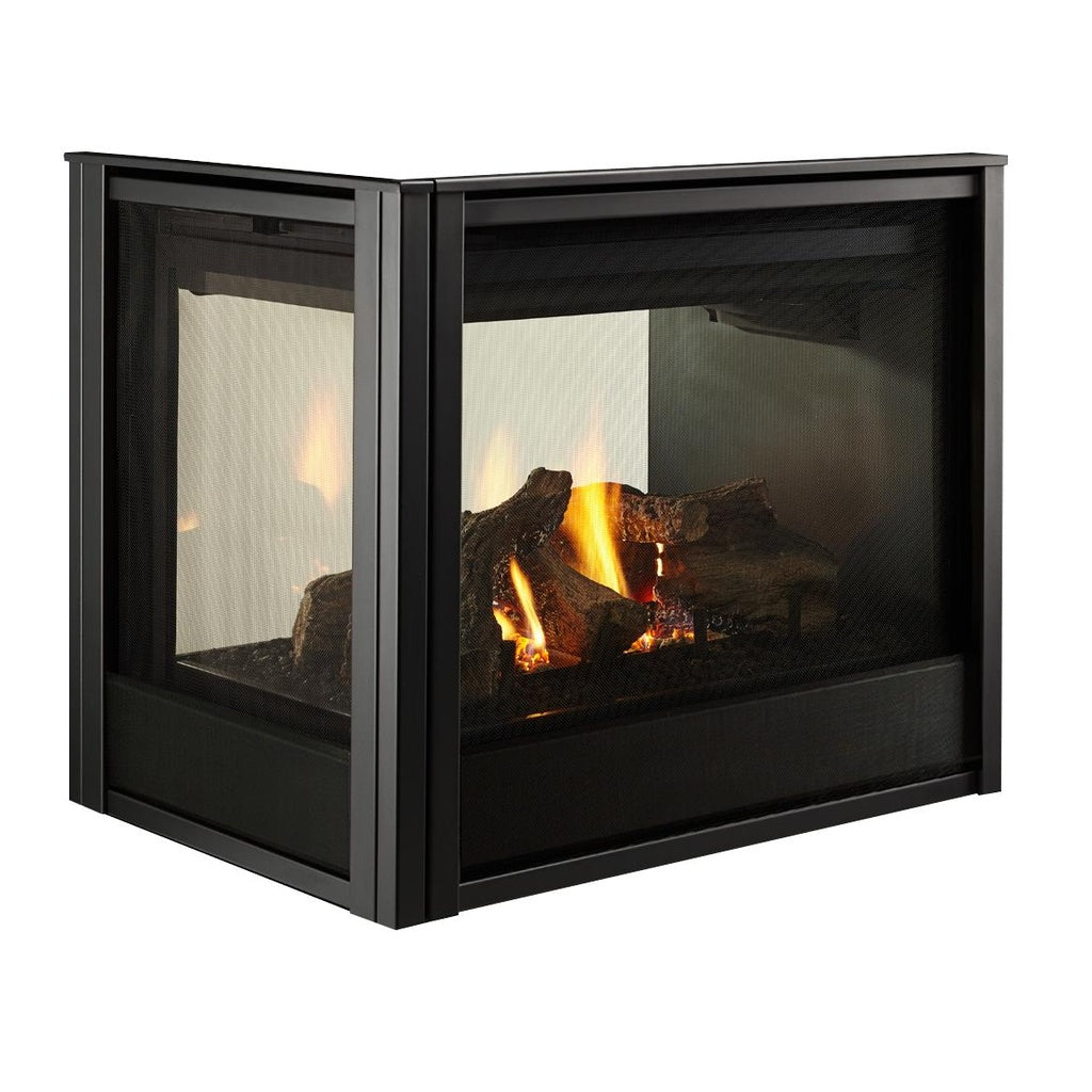 Majestic Black End Panel Firescreen Front for 36" Multi-Sided Pier Fireplace (MSEP-36-BK) - Pier/three-sided fireplace shown at angle, product-only white background, with black metal end-panel + front mesh screen and log set installed