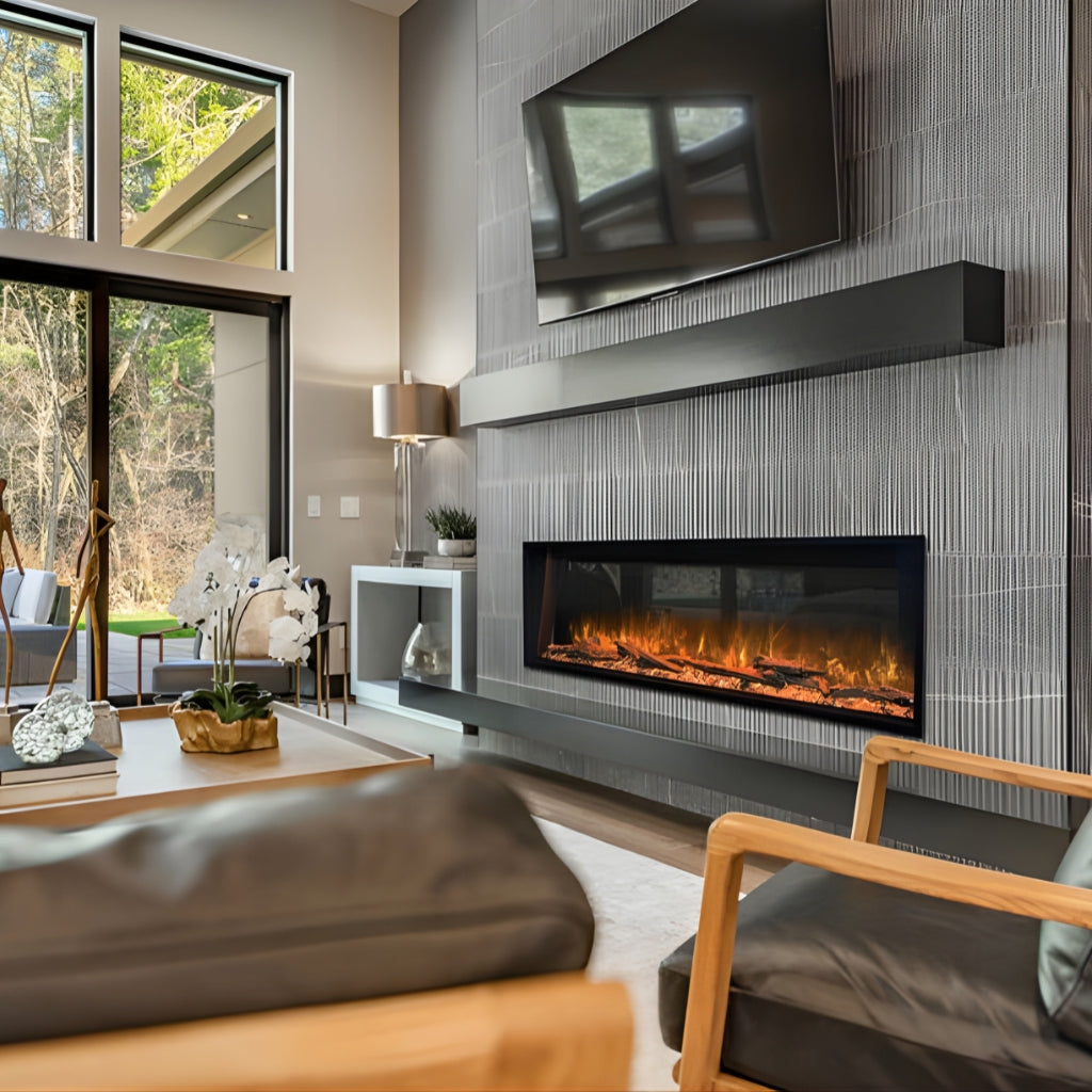 Modern Flames Landscape Pro Slim 56" Built-In Electric Fireplace — lifestyle - media wall installation with mounted TV