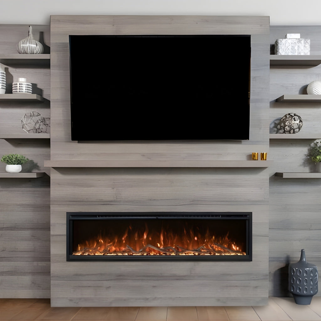 Modern Flames Allwood Media Main Wall System for Spectrum Slimline — lifestyle, Weathered Walnut finish, media wall with linear electric fireplace and TV