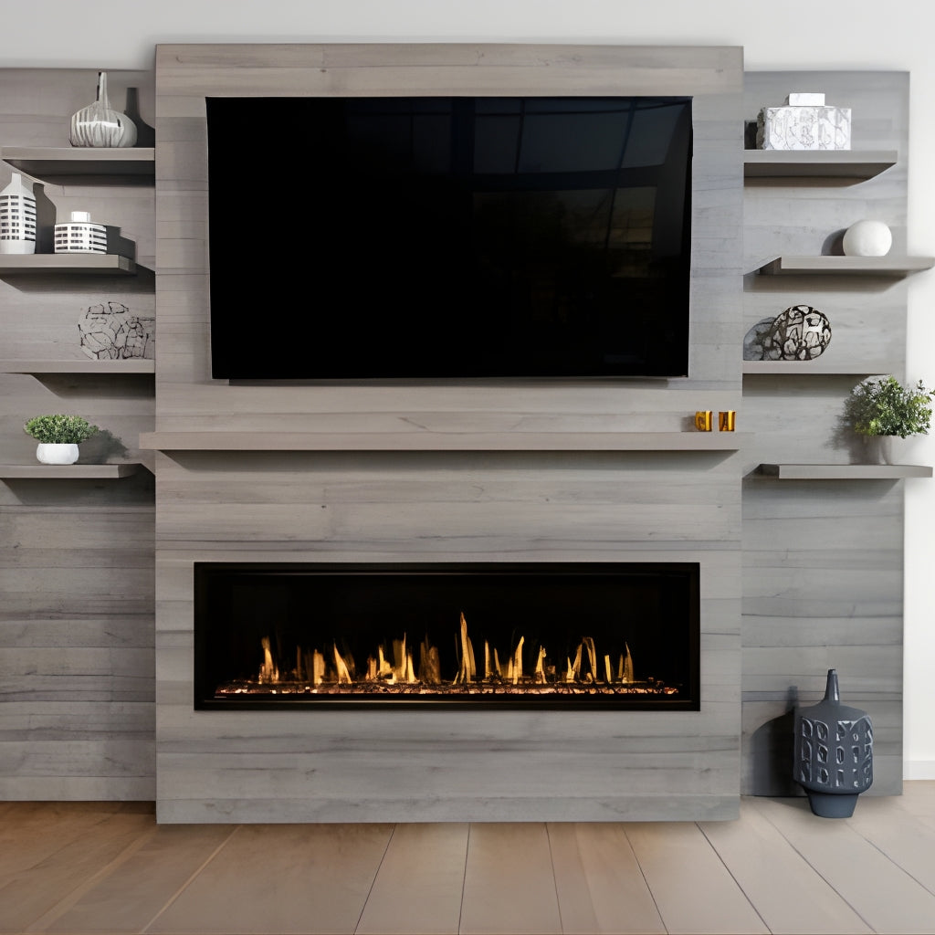 Modern Flames Allwood Media Main Wall System for Spectrum Slimline — lifestyle, Coastal Sand finish, media wall with linear electric fireplace and TV