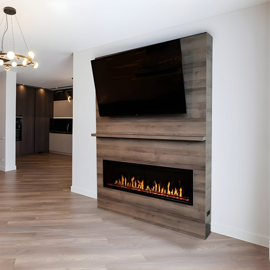 Modern Flames Allwood Media Main Wall System for Spectrum Slimline — lifestyle, Coastal Sand finish, media wall with linear electric fireplace and TV