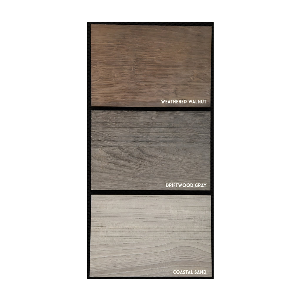 Modern Flames Allwood Media Side Wall for Spectrum Slimline — official color-swatch reference chart labeled Weathered Walnut / Driftwood Gray / Coastal Sand (Coastal Sand variant; Driftwood Gray and Weathered Walnut variants have no vendor image)