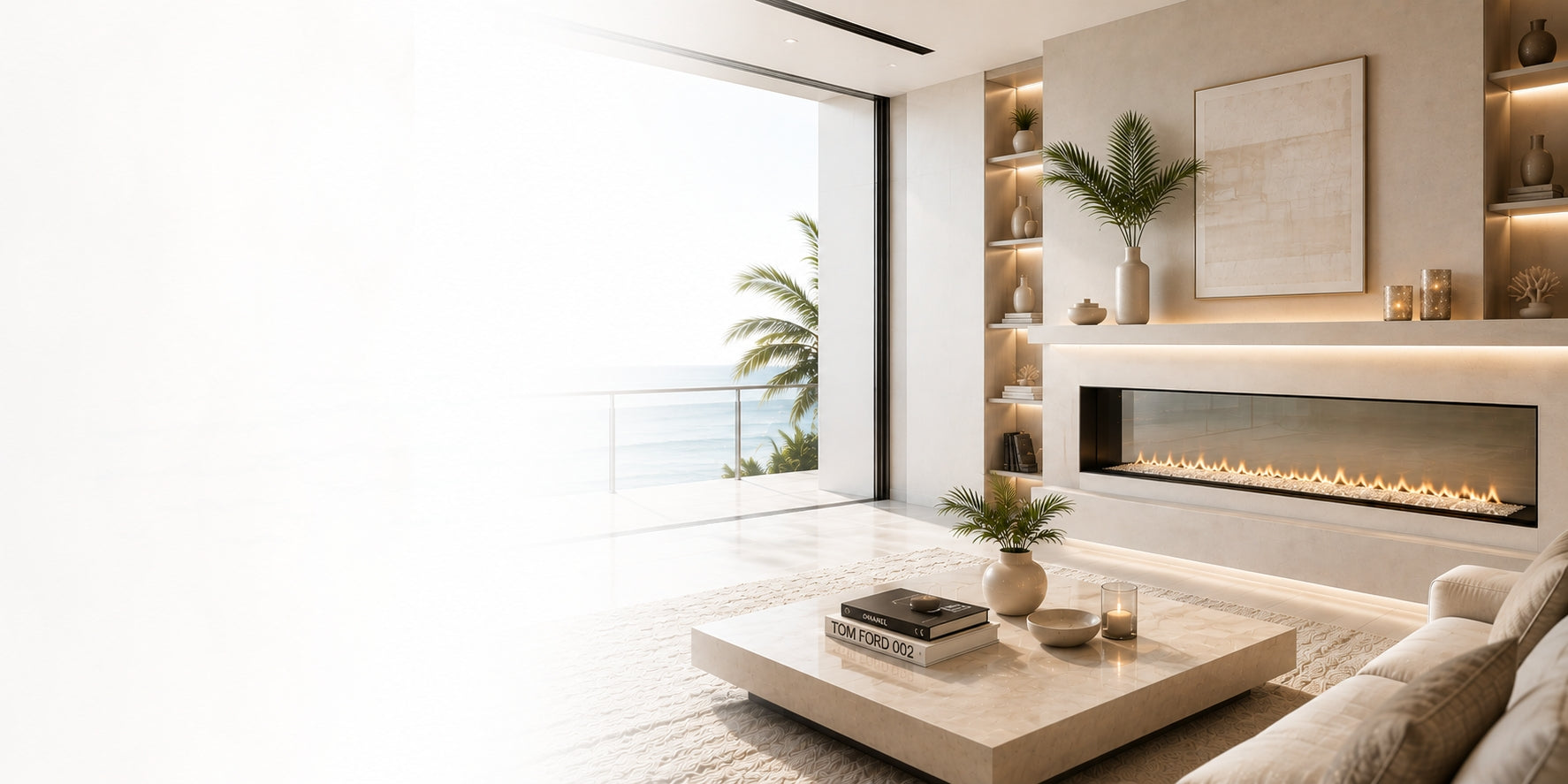 Linear fireplace beneath built-in shelves in a bright living room overlooking the ocean